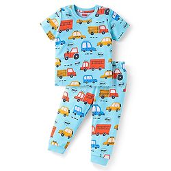 Babyhug Cotton Knit Half Sleeves Co-ords Night Suit with Vehicle Print - Light Blue