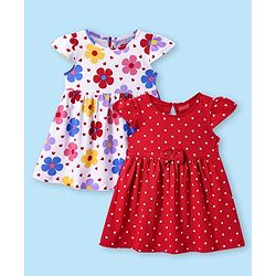 Babyhug Cotton Knit Cap Sleeves Floral & Polka Dot Printed Dresses With Bow Applique Pack of 2 - Red & White