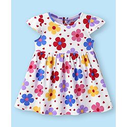 Babyhug Cotton Knit Cap Sleeves Floral & Polka Dot Printed Dresses With Bow Applique Pack of 2 - Red & White