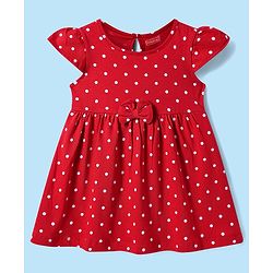 Babyhug Cotton Knit Cap Sleeves Floral & Polka Dot Printed Dresses With Bow Applique Pack of 2 - Red & White