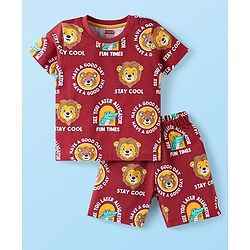 Babyhug Cotton Knit Half Sleeves Co-Ords Shorts Night Suit Bear Print - Maroon