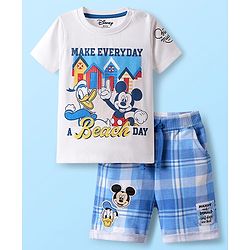Babyhug Disney Single Jersey Knit Half Sleeves T-Shirt & Shorts Set With Mickey Mouse Graphics & Badge Detailing - White & Blue