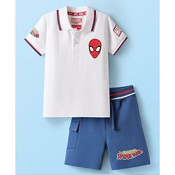 Babyhug Marvel Single Jersey Knit Half Sleeves Polo T-Shirt & Shorts Set With Spider-Man Graphics & HD Print Detailing - White & Blue