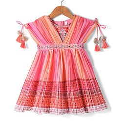 Babyhug Woven Sleeveless Floral Printed & Embellished Ethnic Dress - Orange