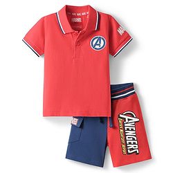 Babyhug Marvel Single Jersey Knit Half Sleeves Polo T-Shirt & Shorts Set With Avengers Graphics - Red & Blue