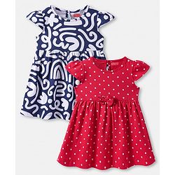 Babyhug 100% Cotton Single Jersey Knit Cap Sleeves Polka Dot Printed Dresses With Bow Applique Pack of 2 - Red & White