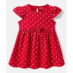 Babyhug 100% Cotton Single Jersey Knit Cap Sleeves Polka Dot Printed Dresses With Bow Applique Pack of 2 - Red & White
