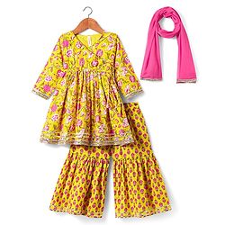 Babyhug Cotton Woven Three Fourth Sleeves Kurta & Gharara Set & Dupatta with Floral Print & Lace Detailing - Yellow & Pink