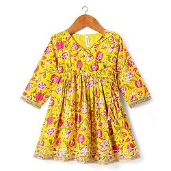 Babyhug Cotton Woven Three Fourth Sleeves Kurta & Gharara Set & Dupatta with Floral Print & Lace Detailing - Yellow & Pink