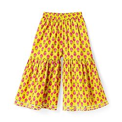 Babyhug Cotton Woven Three Fourth Sleeves Kurta & Gharara Set & Dupatta with Floral Print & Lace Detailing - Yellow & Pink