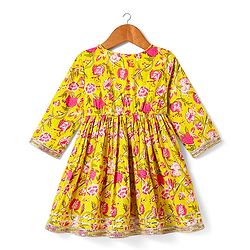 Babyhug Cotton Woven Three Fourth Sleeves Kurta & Gharara Set & Dupatta with Floral Print & Lace Detailing - Yellow & Pink