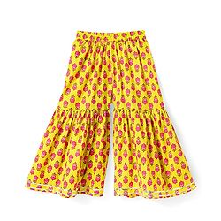 Babyhug Cotton Woven Three Fourth Sleeves Kurta & Gharara Set & Dupatta with Floral Print & Lace Detailing - Yellow & Pink