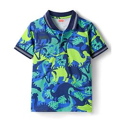 Babyhug Cotton Knit Half Sleeves Polo T-Shirt With Dino Print - Blue