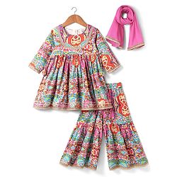 Babyhug Cotton Woven Three Fourth Sleeves Kurta Gharara Set with Floral Print - Pink Yellow & Red