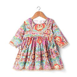 Babyhug Cotton Woven Three Fourth Sleeves Kurta Gharara Set with Floral Print - Pink Yellow & Red