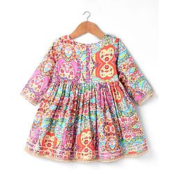 Babyhug Cotton Woven Three Fourth Sleeves Kurta Gharara Set with Floral Print - Pink Yellow & Red