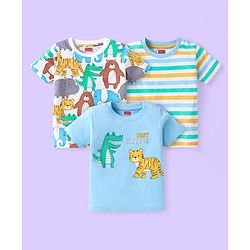 Babyhug Cotton Knit Half Sleeves T-Shirts with Animal Print & Stripes Pack of 3 - Multicolor