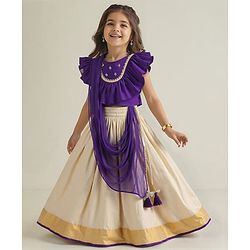 Babyhug Woven Short Sleeves Brocade Pattu Pavada Lehenga Choli & Dupatta Set with Floral Embroidery - Purple & Beige