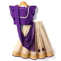 Babyhug Woven Short Sleeves Brocade Pattu Pavada Lehenga Choli & Dupatta Set with Floral Embroidery - Purple & Beige
