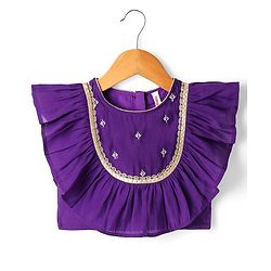 Babyhug Woven Short Sleeves Brocade Pattu Pavada Lehenga Choli & Dupatta Set with Floral Embroidery - Purple & Beige