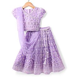 Babyhug Woven Short Sleeves Full Sequinned Detailing  Choli Lehenga & Dupatta Set - Lavender