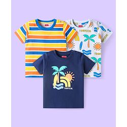Babyhug Cotton Knit Half Sleeves T-Shirts With Stripes & Tropical Print Pack of 3 - Navy Blue White & Yellow