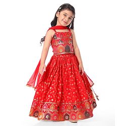 Babyhug Woven Sleeveless Choli  Lehenga and Dupatta Set with Embroidery & Sequin Design - Red