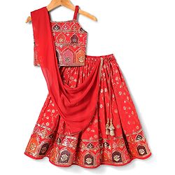 Babyhug Woven Sleeveless Choli  Lehenga and Dupatta Set with Embroidery & Sequin Design - Red
