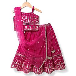 Babyhug Sleeveless Floral Sequenced Embroidered Choli Lehenga & Dupatta Set with Tassel Detailing - Dark Pink