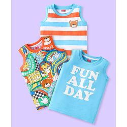 Babyhug Cotton Knit Sleeveless Tank T-Shirts With Text & Animal Print Pack of 3 - Light Blue Orange & Multicolor