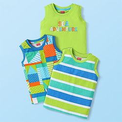 Babyhug Cotton Knit Sleeveless Tank T-Shirt with Nautical Theme Print & Stripes Pack 3 - Light Green