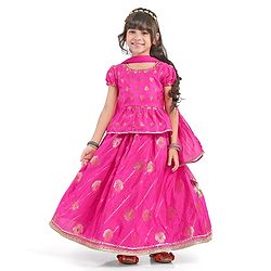 Babyhug Woven Half Puffed Sleeves Lehenga Choli & Dupatta Set with Lace Detailing - Fuchsia