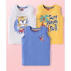 Babyhug Cotton Knit Sleeveless Tank T-Shirts with Beach Theme Print Pack of 3 - Yellow Grey & Blue