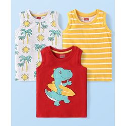 Babyhug Cotton Knit Sleeveless Tank T-Shirts with Beach Theme Print & Stripes Pack of 3 - Yellow Grey & Red