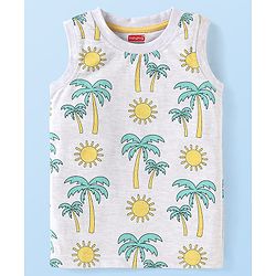 Babyhug Cotton Knit Sleeveless Tank T-Shirts with Beach Theme Print & Stripes Pack of 3 - Yellow Grey & Red