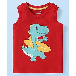 Babyhug Cotton Knit Sleeveless Tank T-Shirts with Beach Theme Print & Stripes Pack of 3 - Yellow Grey & Red