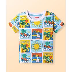 Babyhug Cotton Knit Half Sleeves T-Shirt With Beach Theme Print - White & Light Blue
