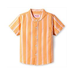 Babyhug Cotton Knit Half Sleeves Mandarin Collar Striped Shirt - Orange