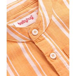 Babyhug Cotton Knit Half Sleeves Mandarin Collar Striped Shirt - Orange