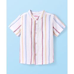 Babyhug Cotton Woven Half Sleeves Mandarin Collar Stripe Shirt - White & Pink