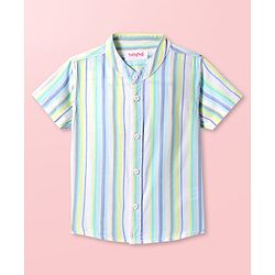Babyhug Cotton Woven Half Sleeves Mandarin Collar Shirt with Stripes -Light Blue & White