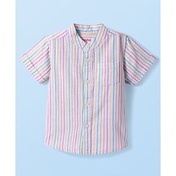 Babyhug Cotton Woven Half Sleeves Mandarin Collar Stripe Shirt - White & Pink