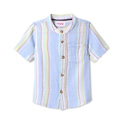 Babyhug Cotton Woven Half Sleeves Mandarin Collar Stripe Shirt - Light Blue