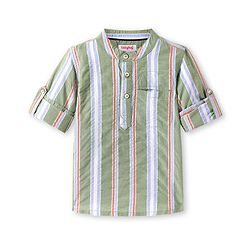 Babyhug Cotton Woven Full Sleeves Mandarin Collar Kurta Type Shirt with Stripes - Olive Green