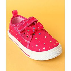 Cute Walk by Babyhug Velecro Closure Heart Printed Casual Shoes with Bow Applique - Dark Pink