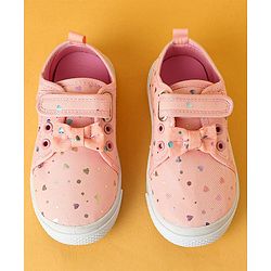 Cute Walk by Babyhug Velecro Closure Heart Printed Casual Shoes with Bow Applique - Dark Pink