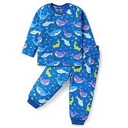 Babyhug Cotton Knit Full Sleeves Night Suit Shark Print - Blue