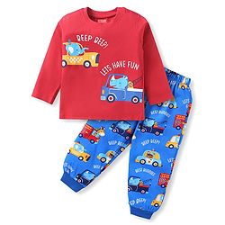 Babyhug Cotton Knit Full Sleeves Nightsuit with Vehicle Print - Red & Blue