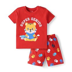 Babyhug Cotton Knit Half Sleeves  Shorts Night Suit with Bear Print - Red