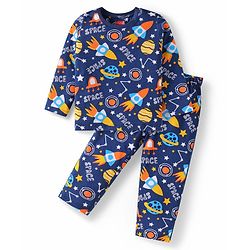Babyhug Cotton Knit Full Sleeves Night Suit with Space Theme Print - Navy Blue